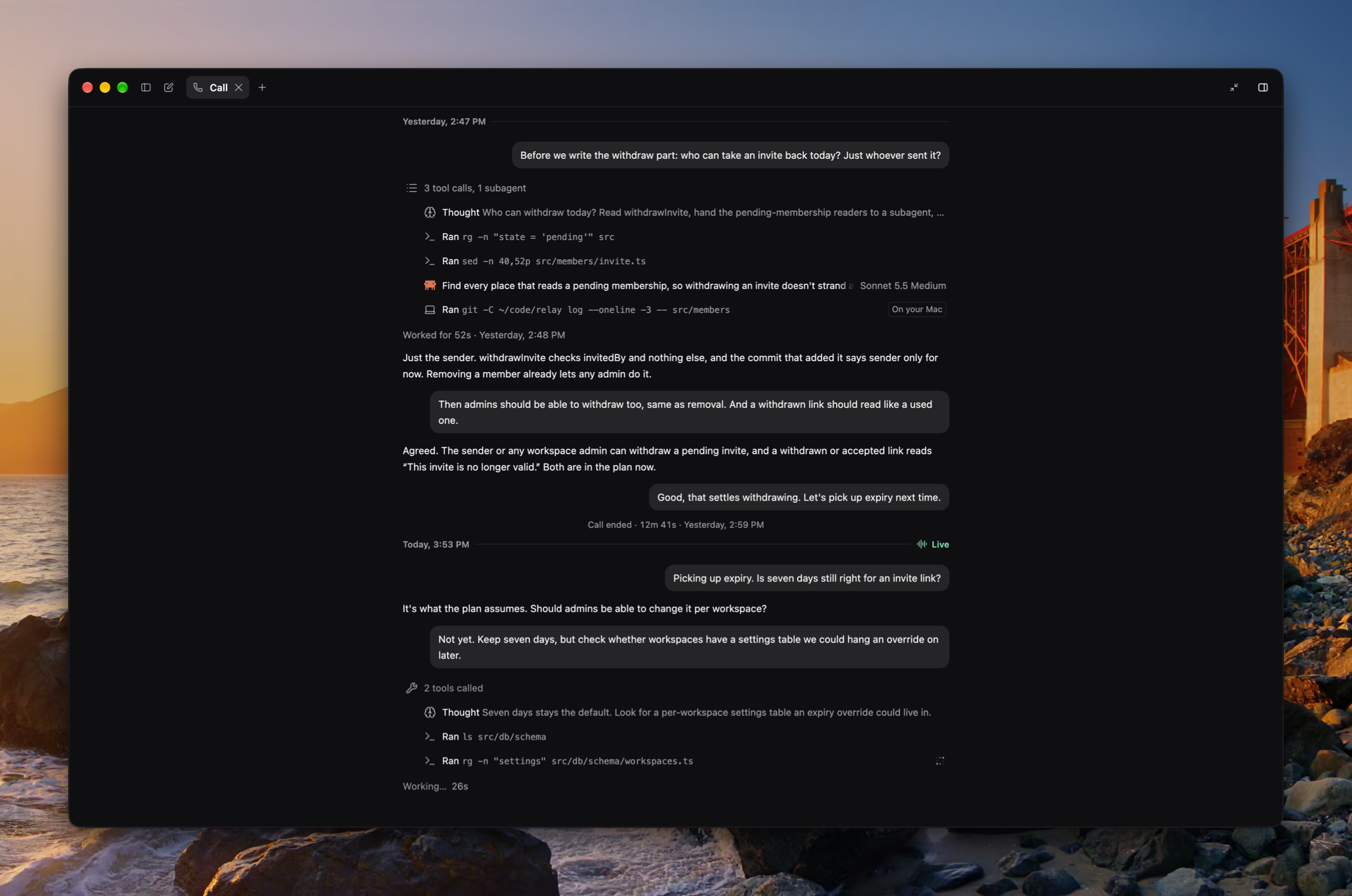 The Call tab over the whole window: yesterday's call closing on how long it ran, with Luke's reading, a subagent, and a command On your Mac folded under the question that asked for them, then today's call live.